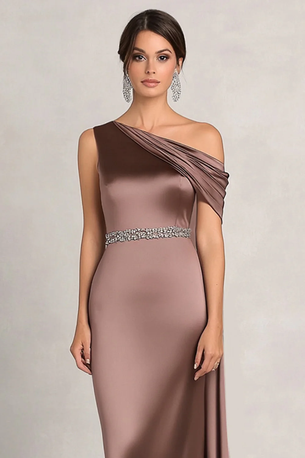 One Shoulder Sheath Beaded Taupe Satin Long Choir Dress - Image 3