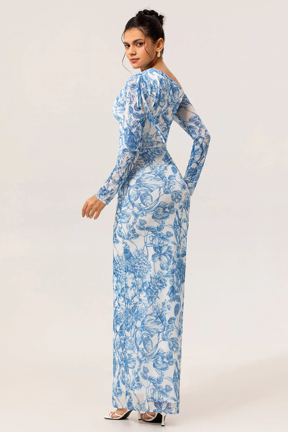 One Shoulder Sheath Blue Flower Long Sleeves Bridesmaid Dress with Slit - Image 2