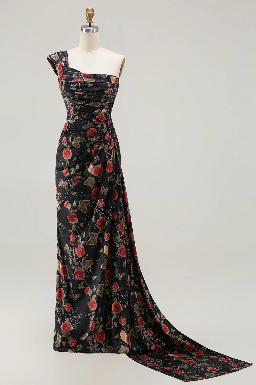 One Shoulder Sheath Blush Floral Print Long Prom Dress with Train - Image 10