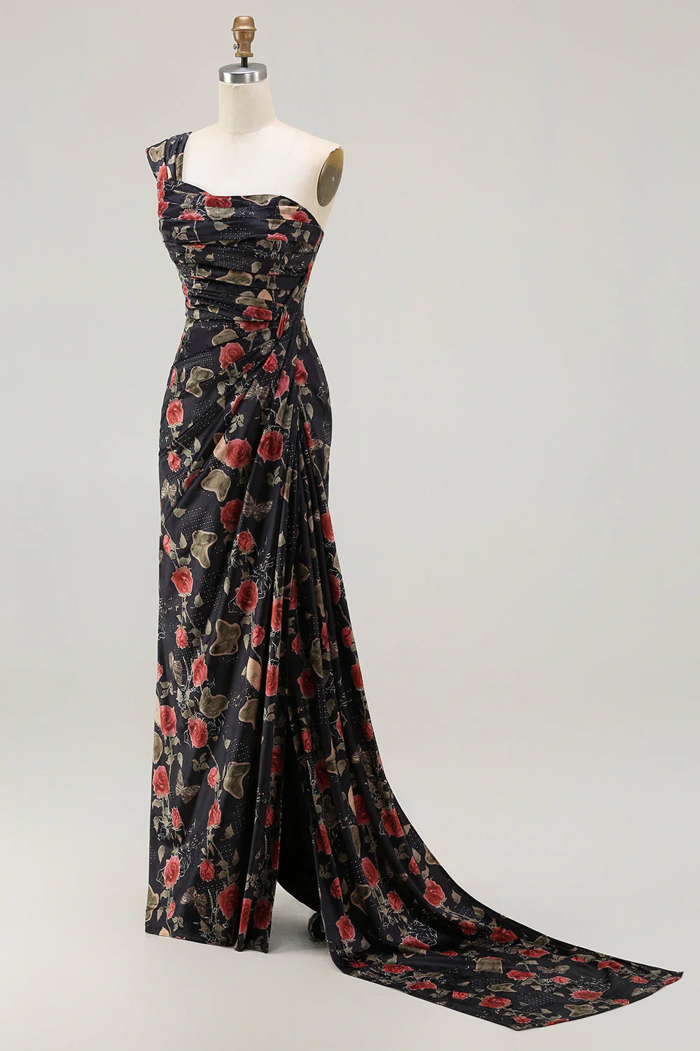 One Shoulder Sheath Blush Floral Print Long Prom Dress with Train - Image 12