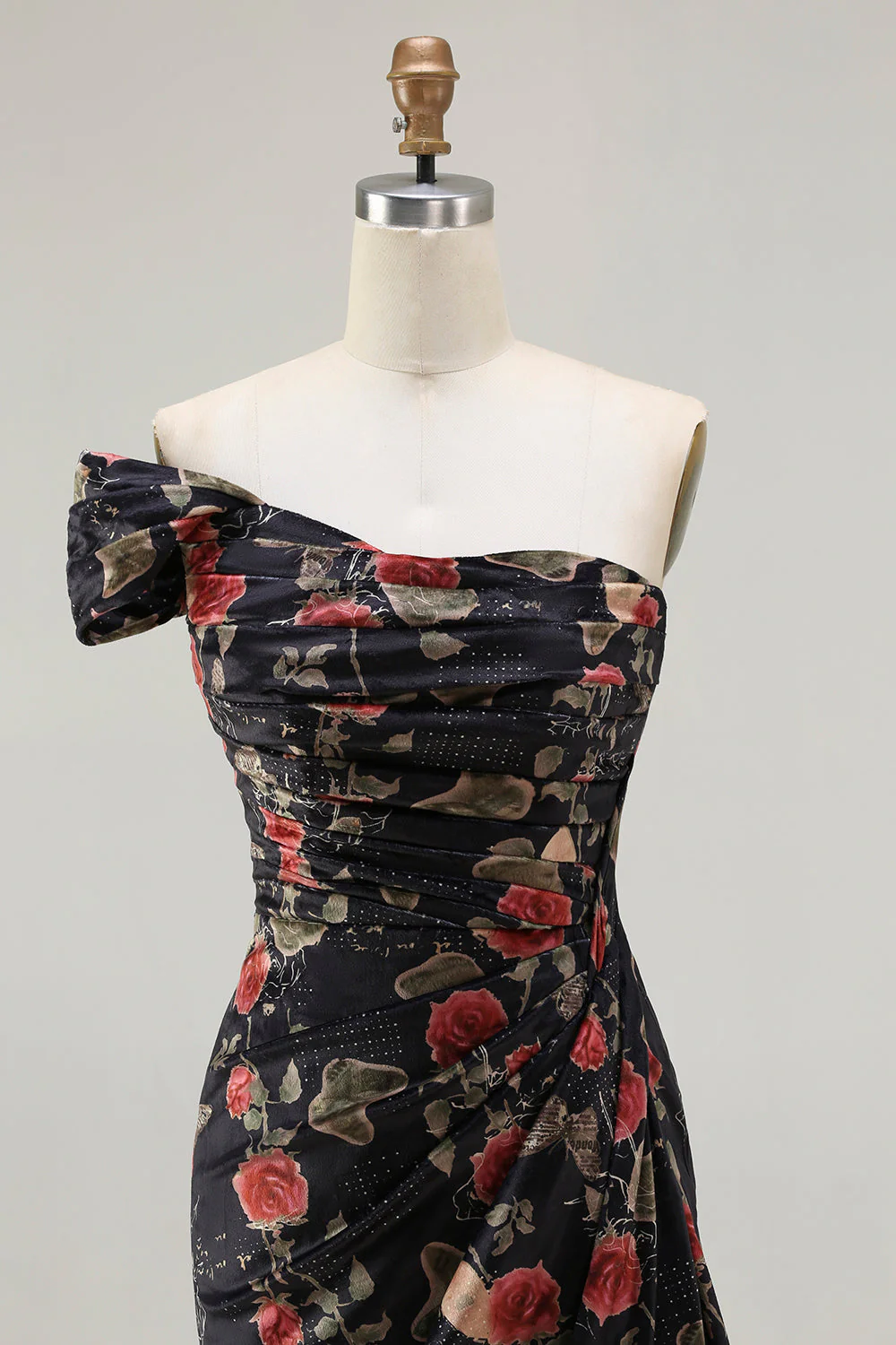 One Shoulder Sheath Blush Floral Print Long Prom Dress with Train - Image 13