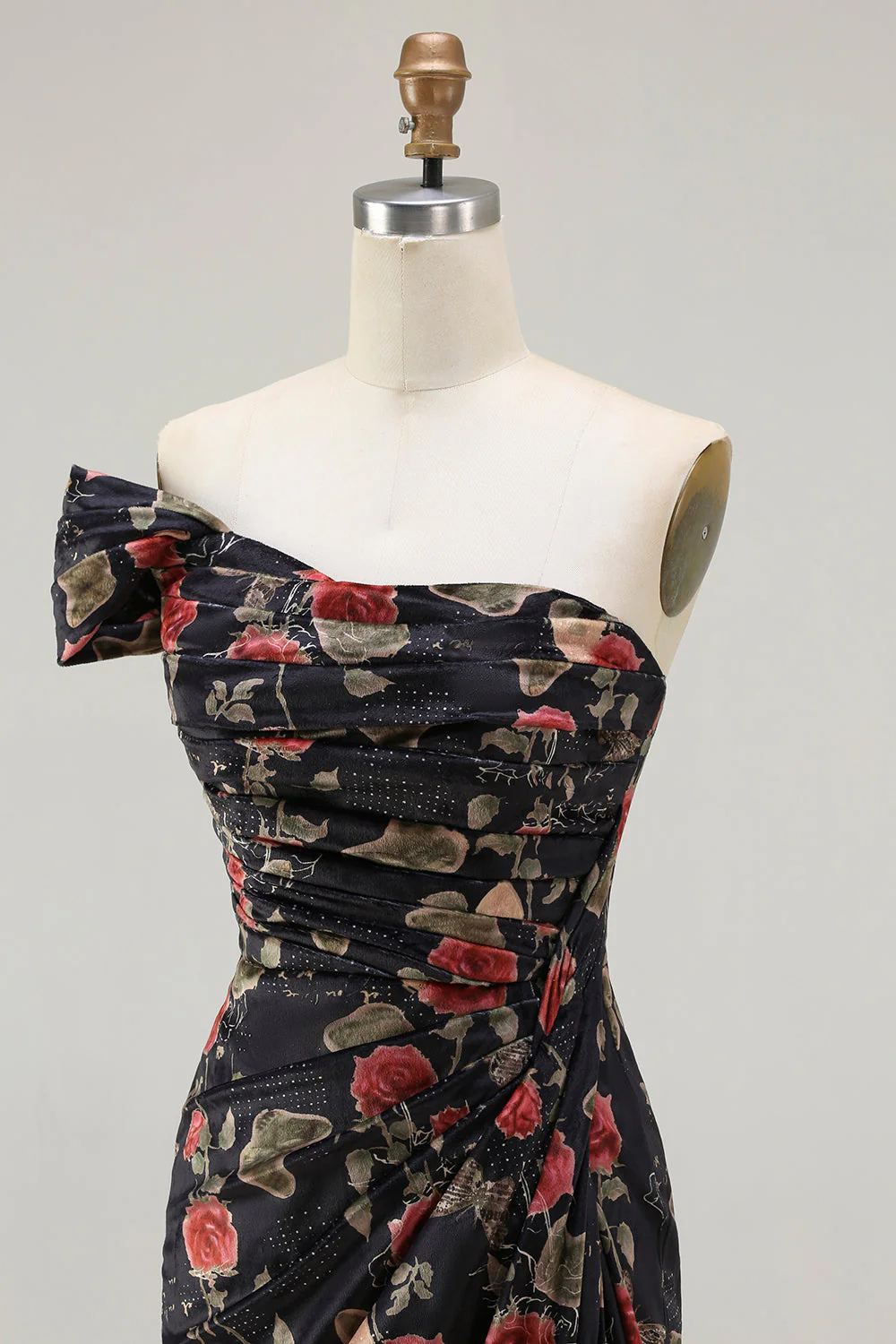 One Shoulder Sheath Blush Floral Print Long Prom Dress with Train - Image 15
