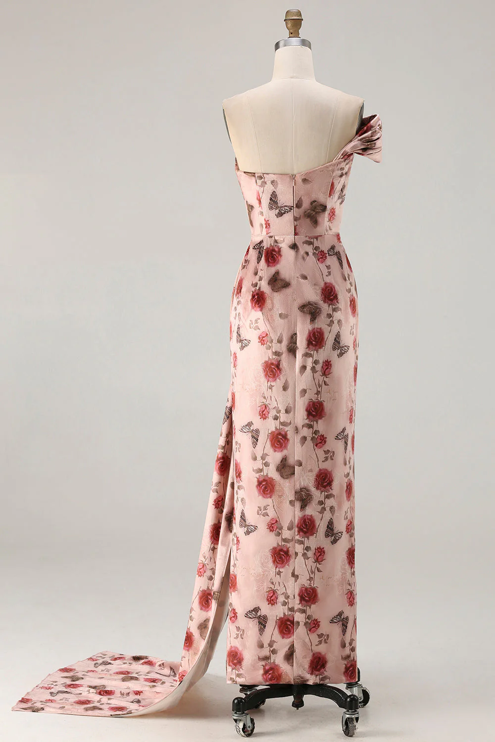 One Shoulder Sheath Blush Floral Print Long Prom Dress with Train - Image 2