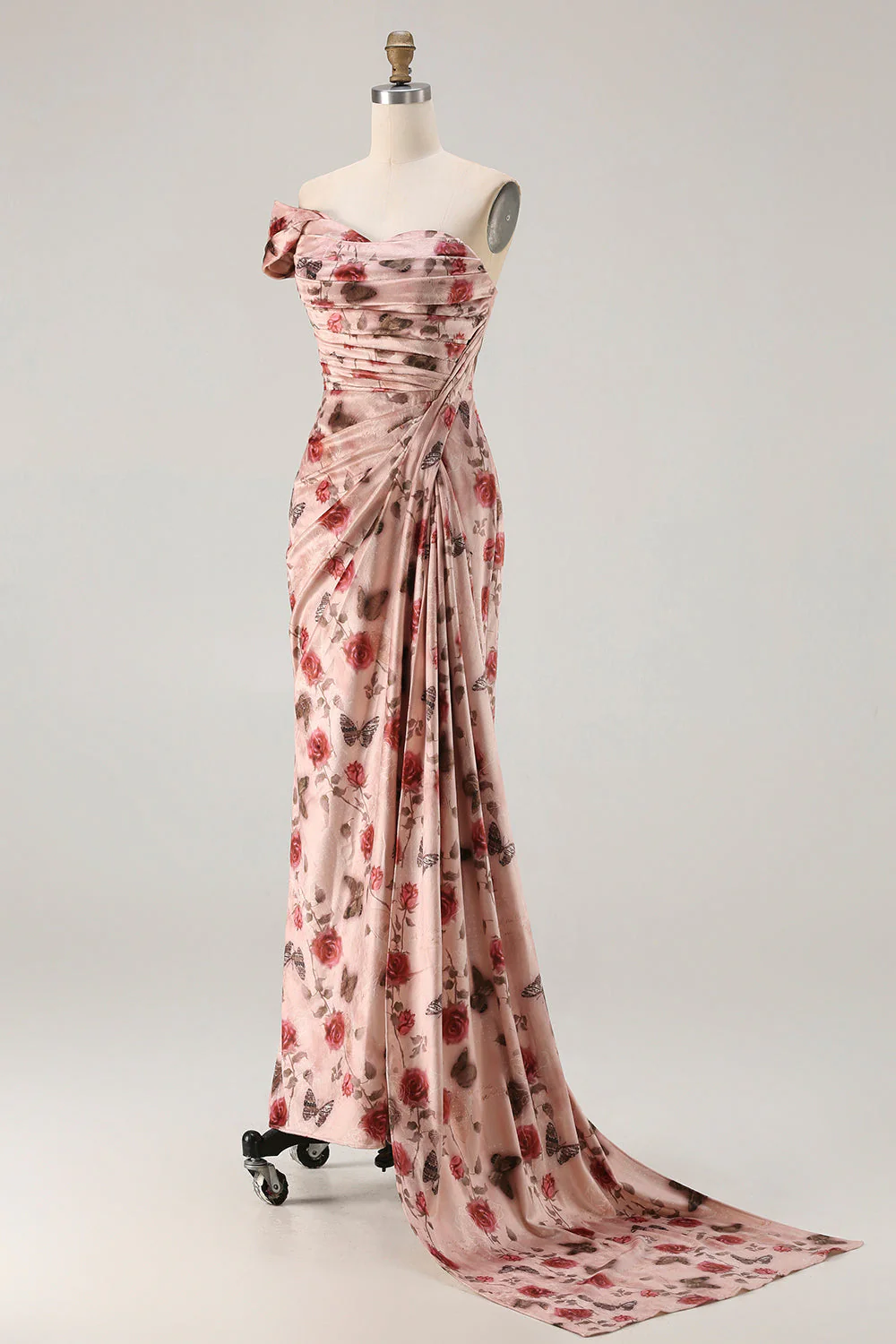 One Shoulder Sheath Blush Floral Print Long Prom Dress with Train - Image 3