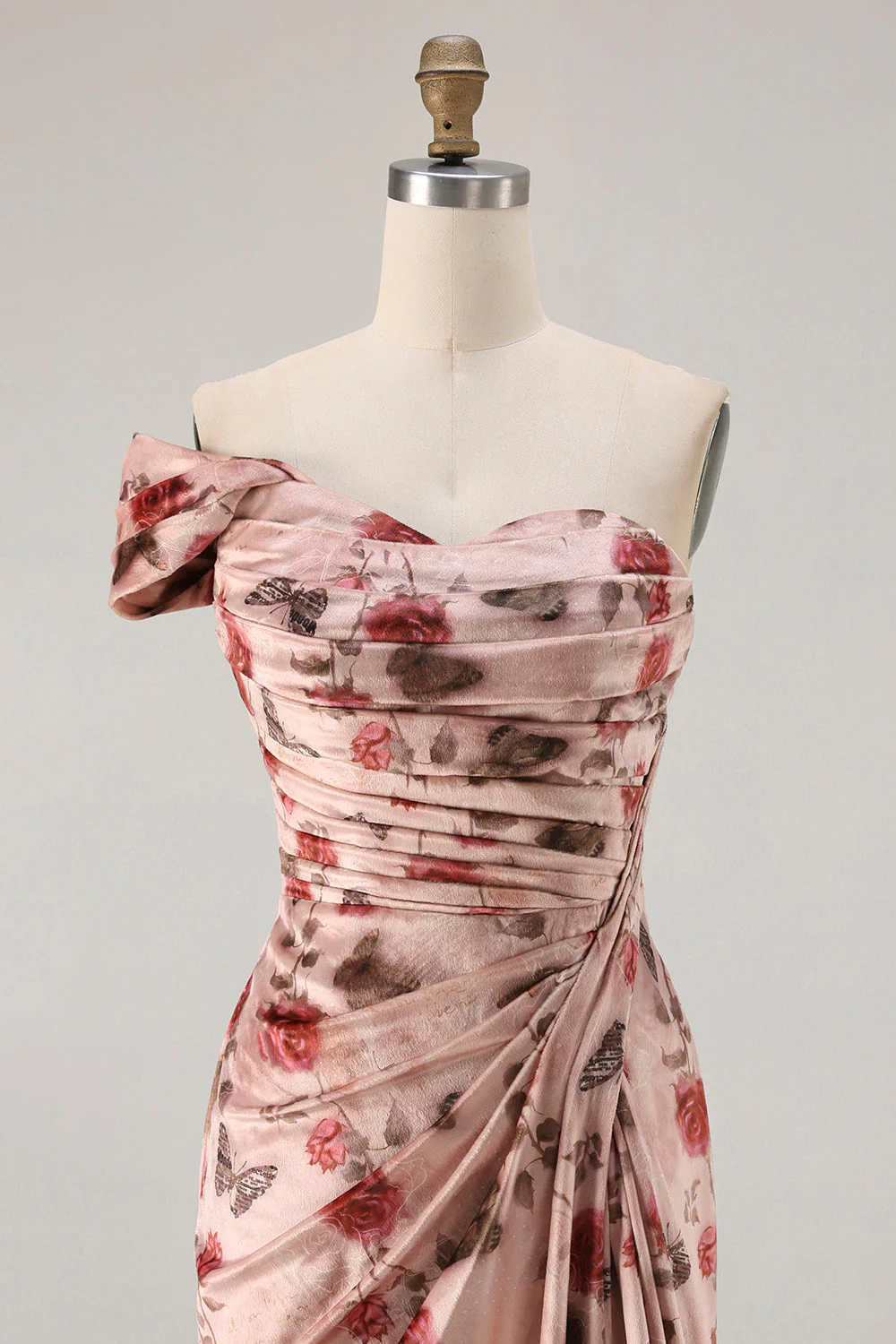 One Shoulder Sheath Blush Floral Print Long Prom Dress with Train - Image 4