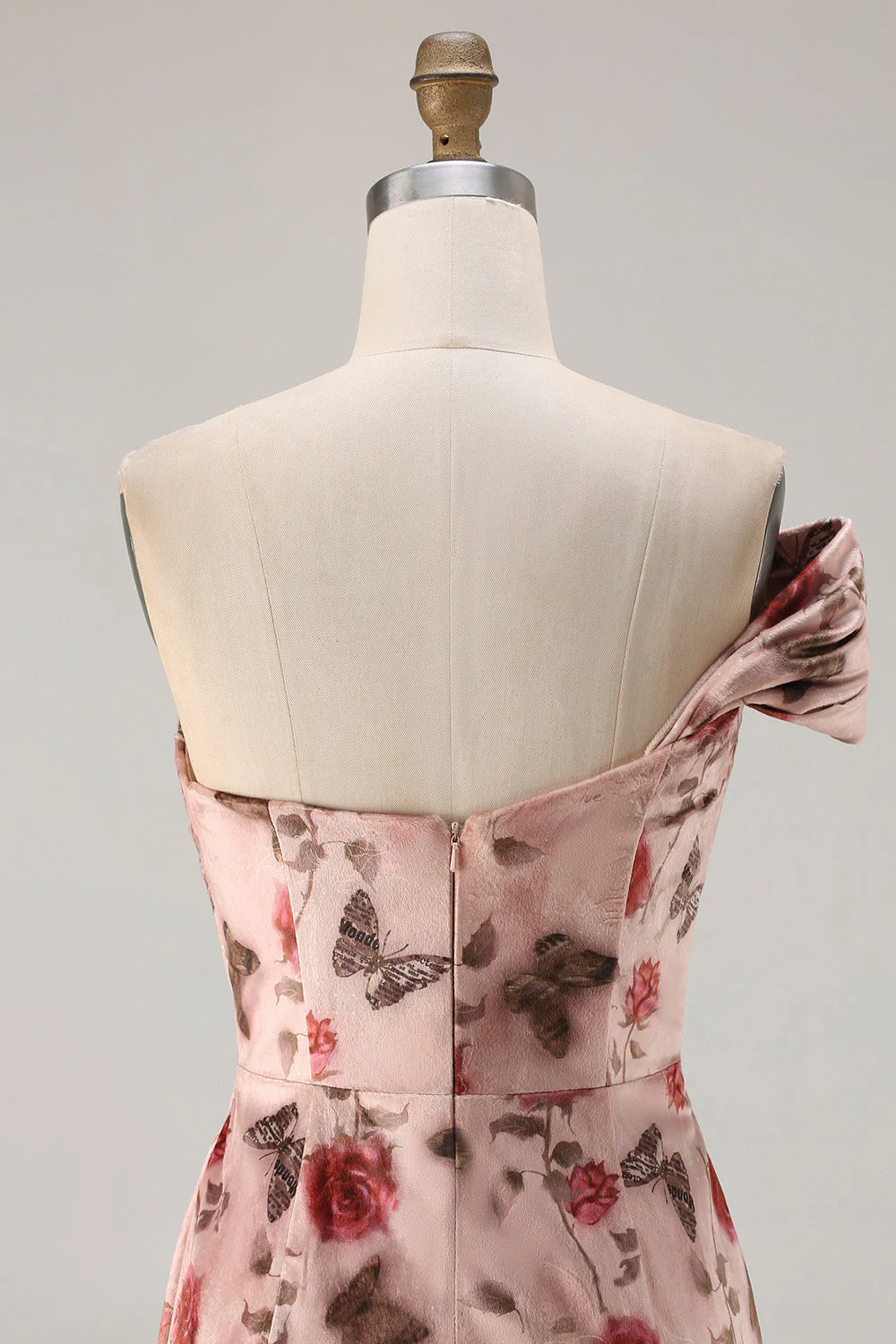 One Shoulder Sheath Blush Floral Print Long Prom Dress with Train - Image 5