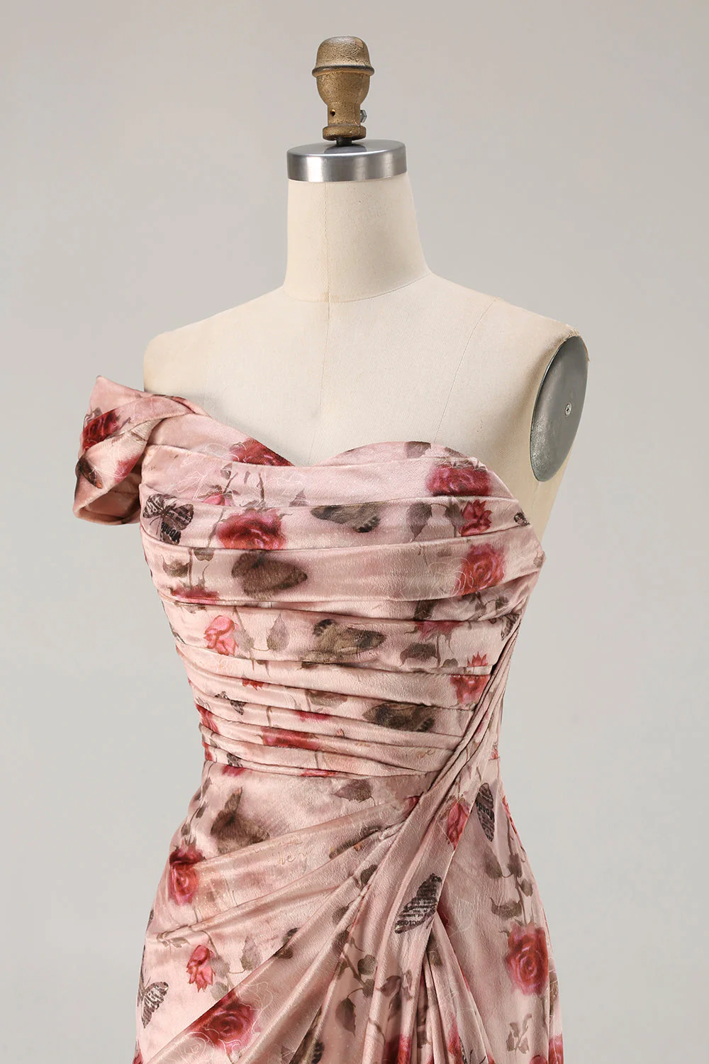 One Shoulder Sheath Blush Floral Print Long Prom Dress with Train - Image 6