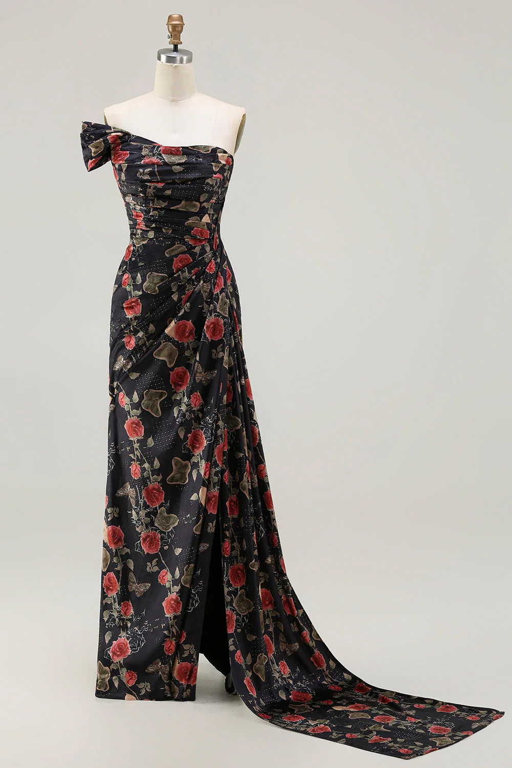 One Shoulder Sheath Blush Floral Print Long Prom Dress with Train - Image 7