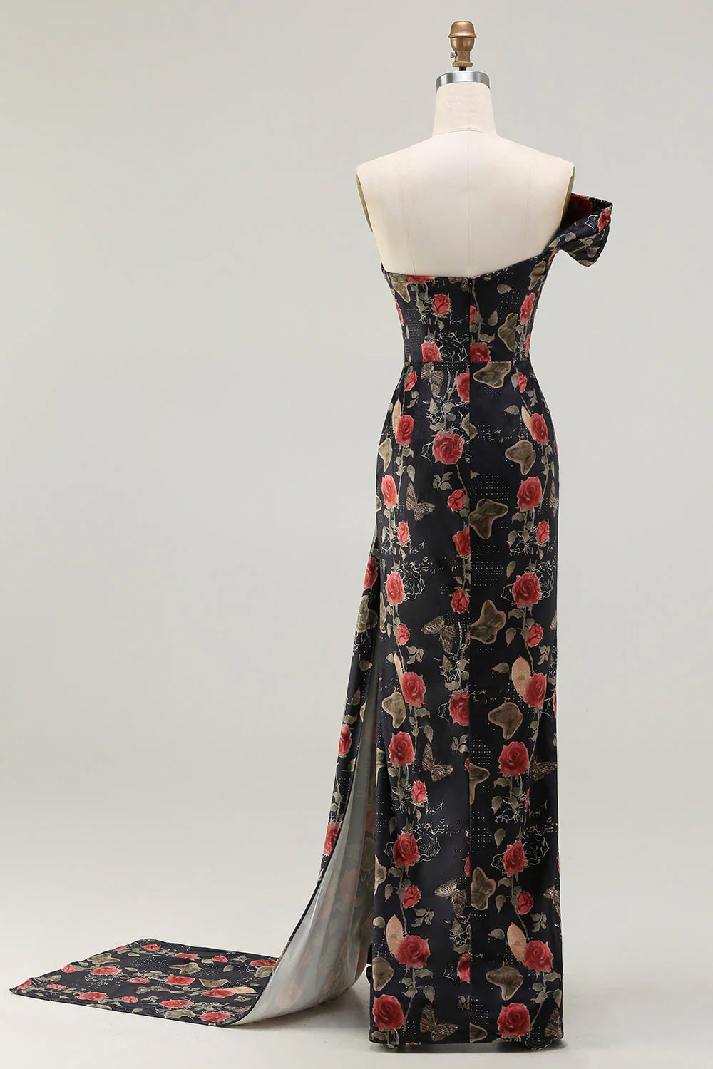 One Shoulder Sheath Blush Floral Print Long Prom Dress with Train - Image 8