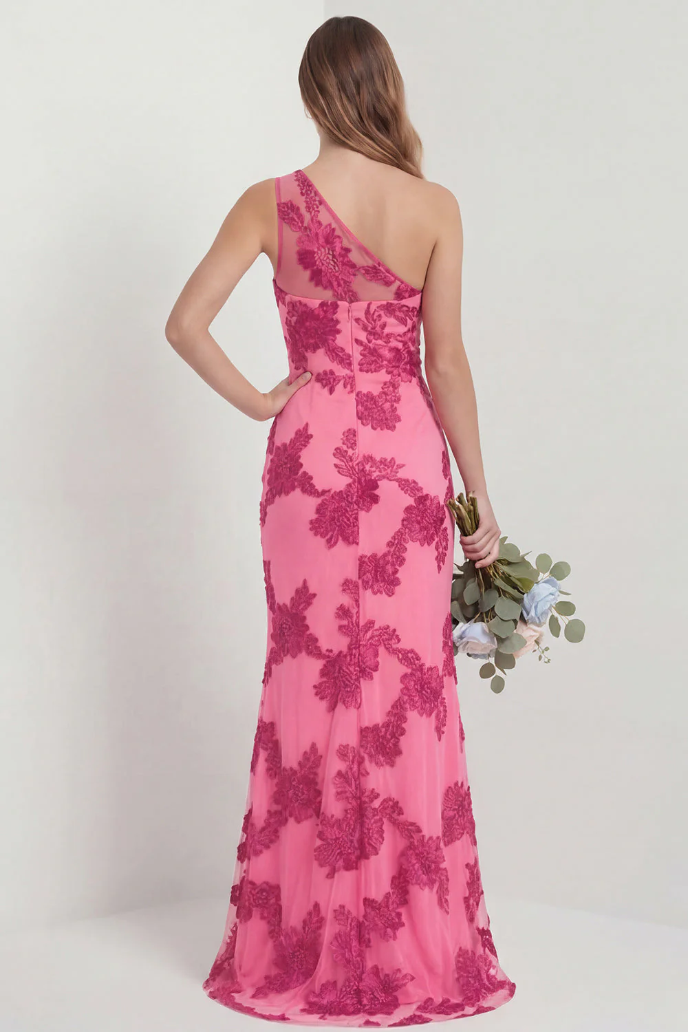 One Shoulder Sheath Hot Pink Embroidered Floral Dress with Slit - Image 2