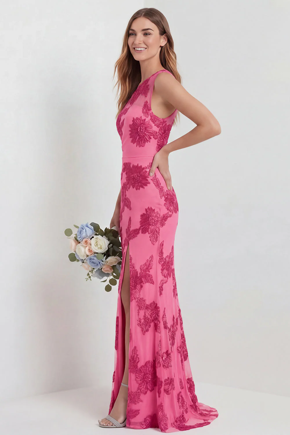 One Shoulder Sheath Hot Pink Embroidered Floral Dress with Slit - Image 3
