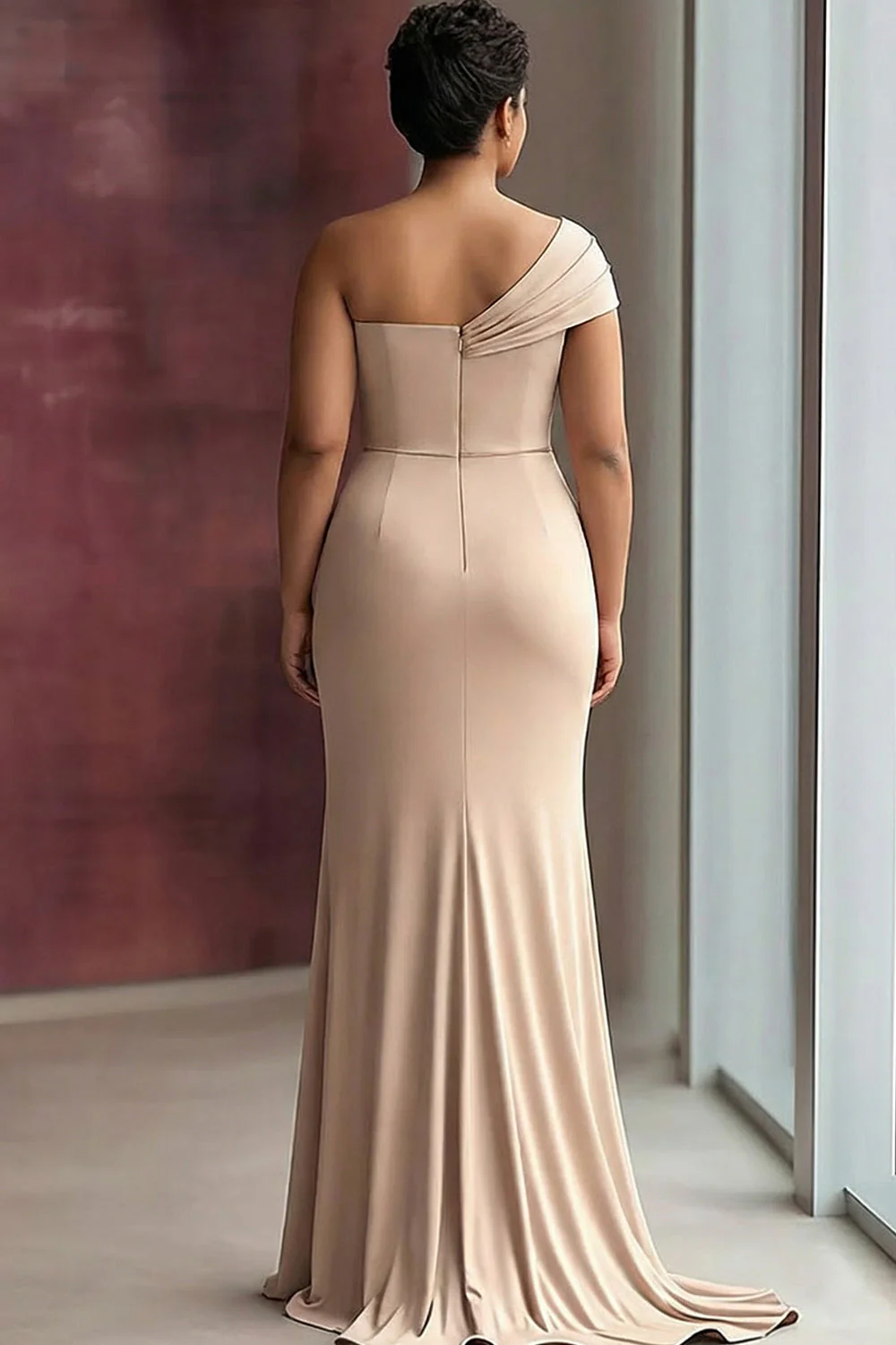One Shoulder Sheath Light Khaki Pleated Plus Size Long Evening Dress - Image 2