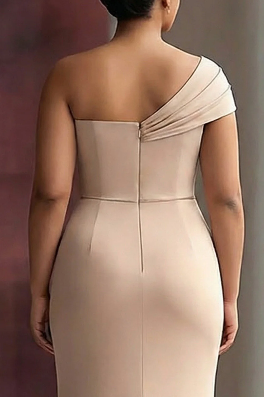 One Shoulder Sheath Light Khaki Pleated Plus Size Long Evening Dress - Image 4