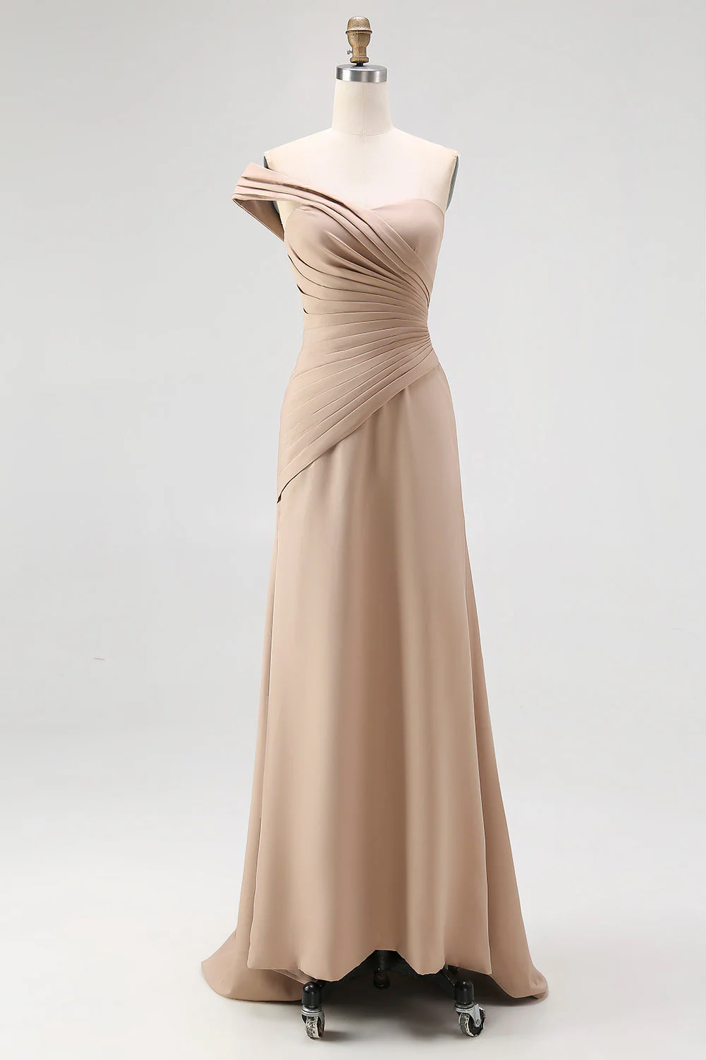 One Shoulder Sheath Light Khaki Pleated Plus Size Long Evening Dress - Image 5