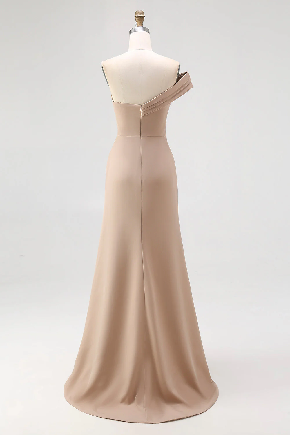 One Shoulder Sheath Light Khaki Pleated Plus Size Long Evening Dress - Image 6