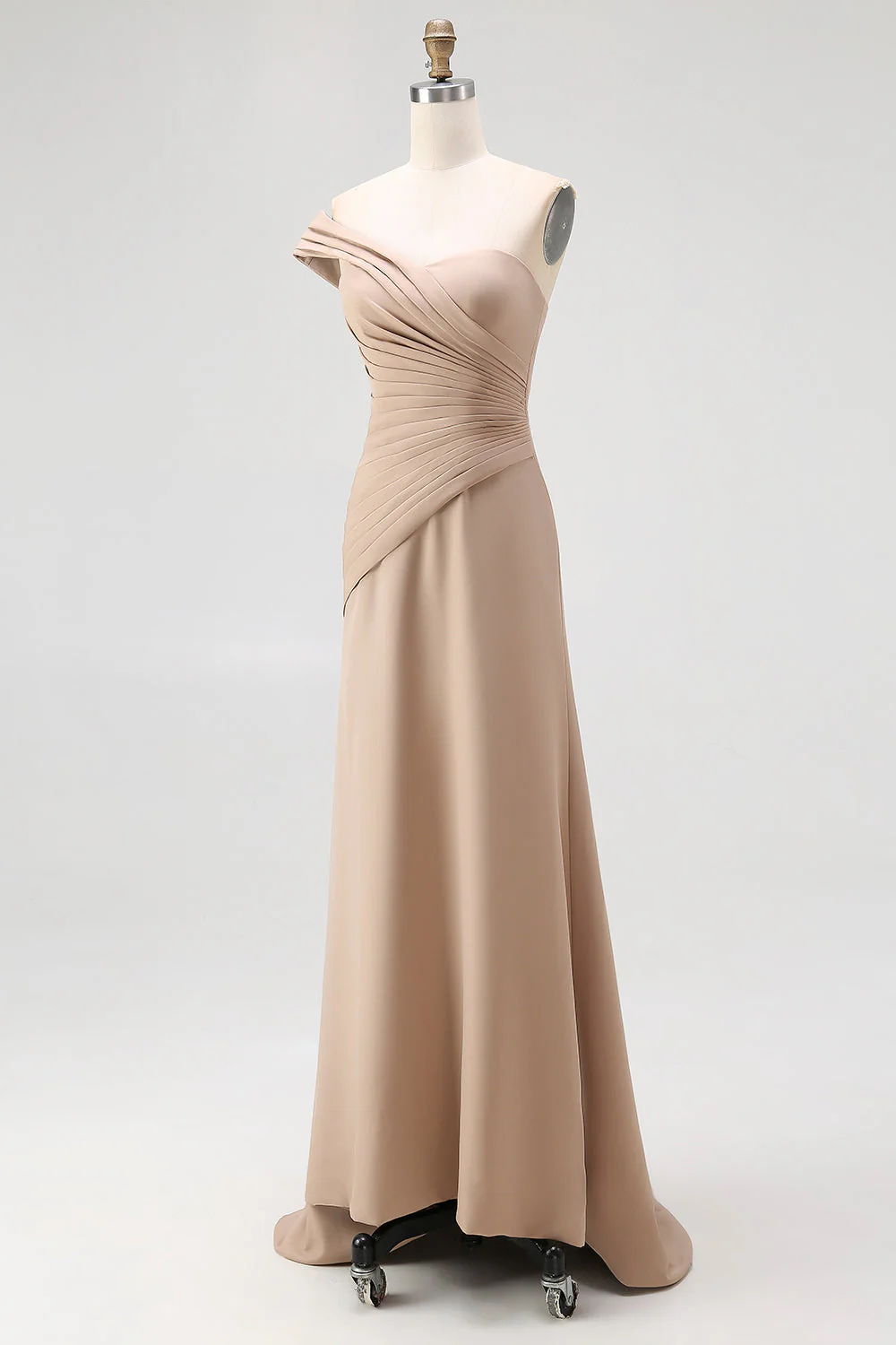 One Shoulder Sheath Light Khaki Pleated Plus Size Long Evening Dress - Image 7