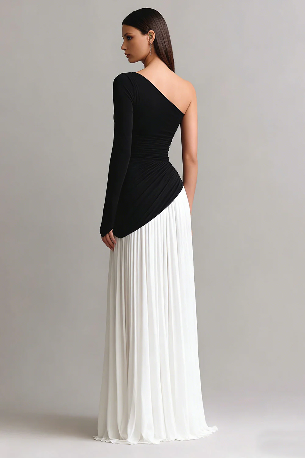 One Shoulder Sheath Maxi Black and White Dress - Image 2