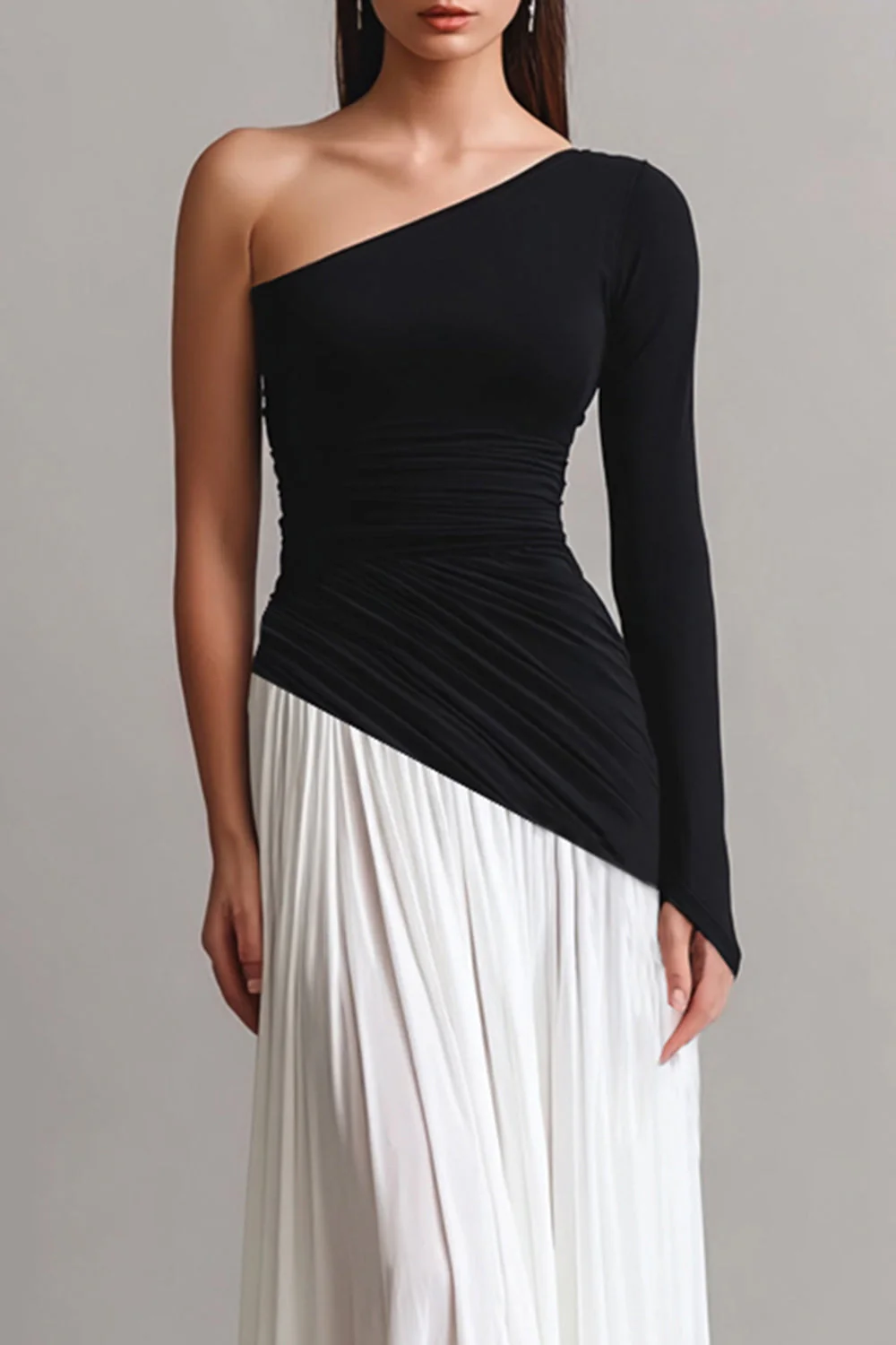 One Shoulder Sheath Maxi Black and White Dress - Image 3