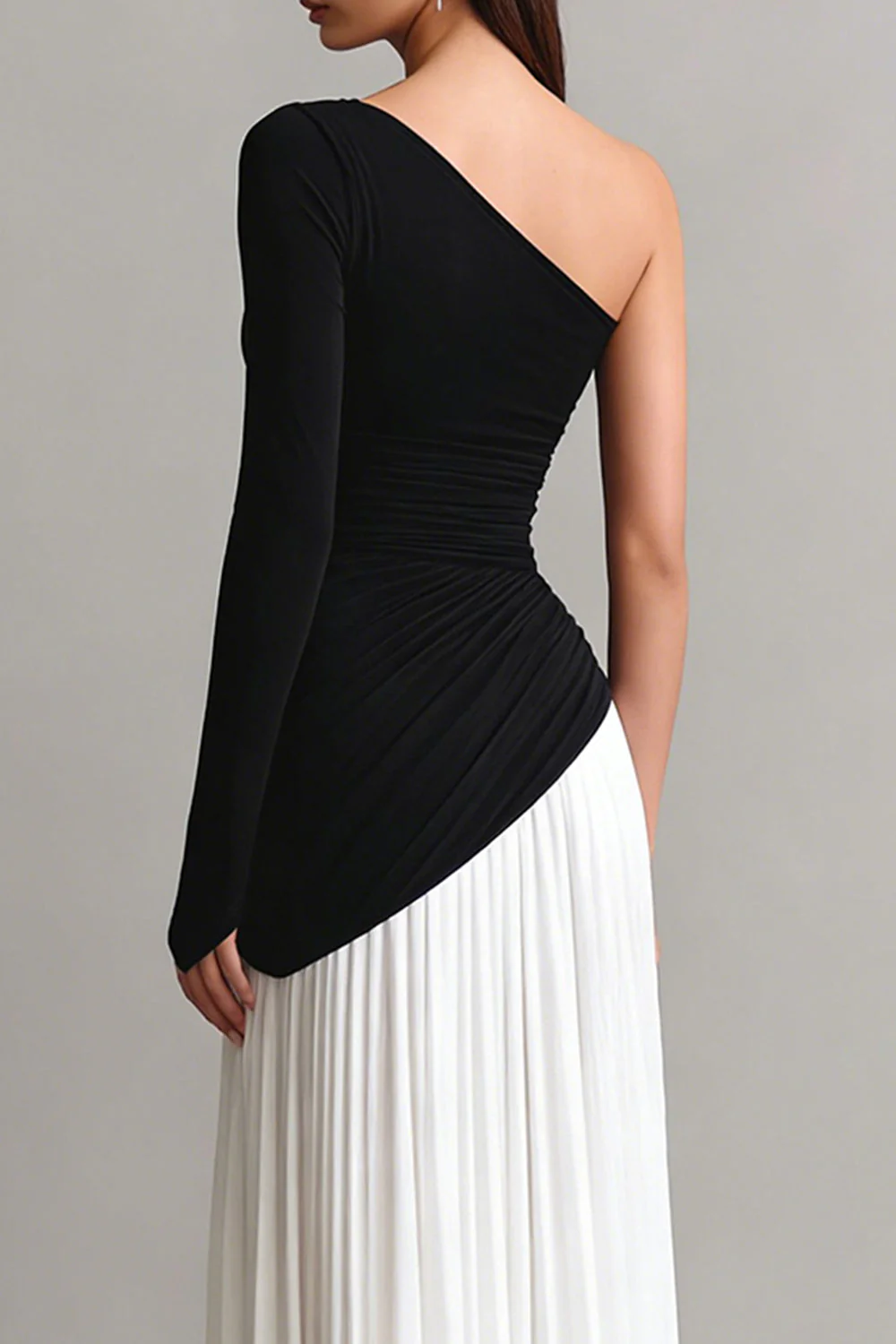 One Shoulder Sheath Maxi Black and White Dress - Image 4
