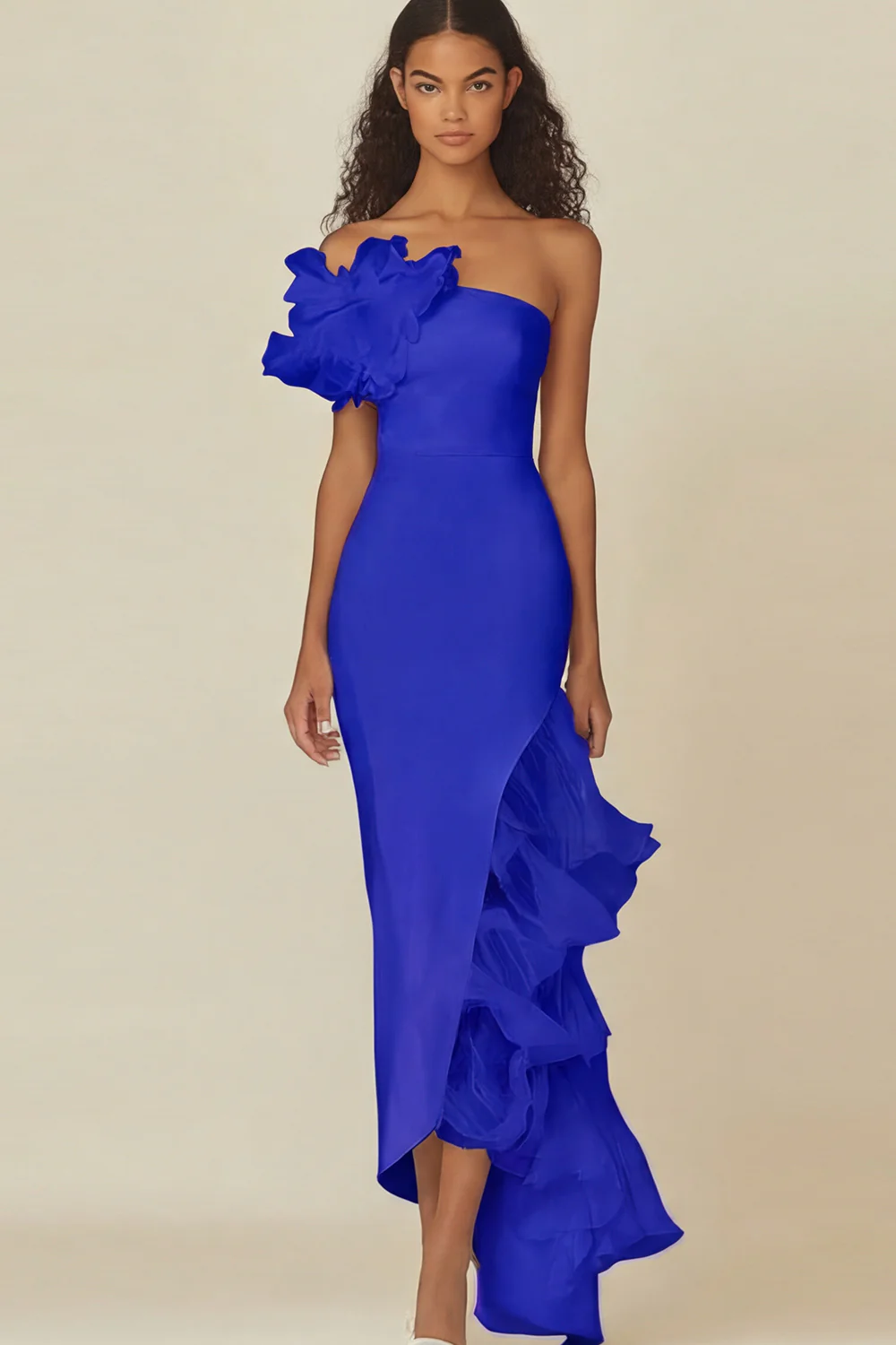 One Shoulder Sheath White Graduation Dress with Ruffles - Image 11