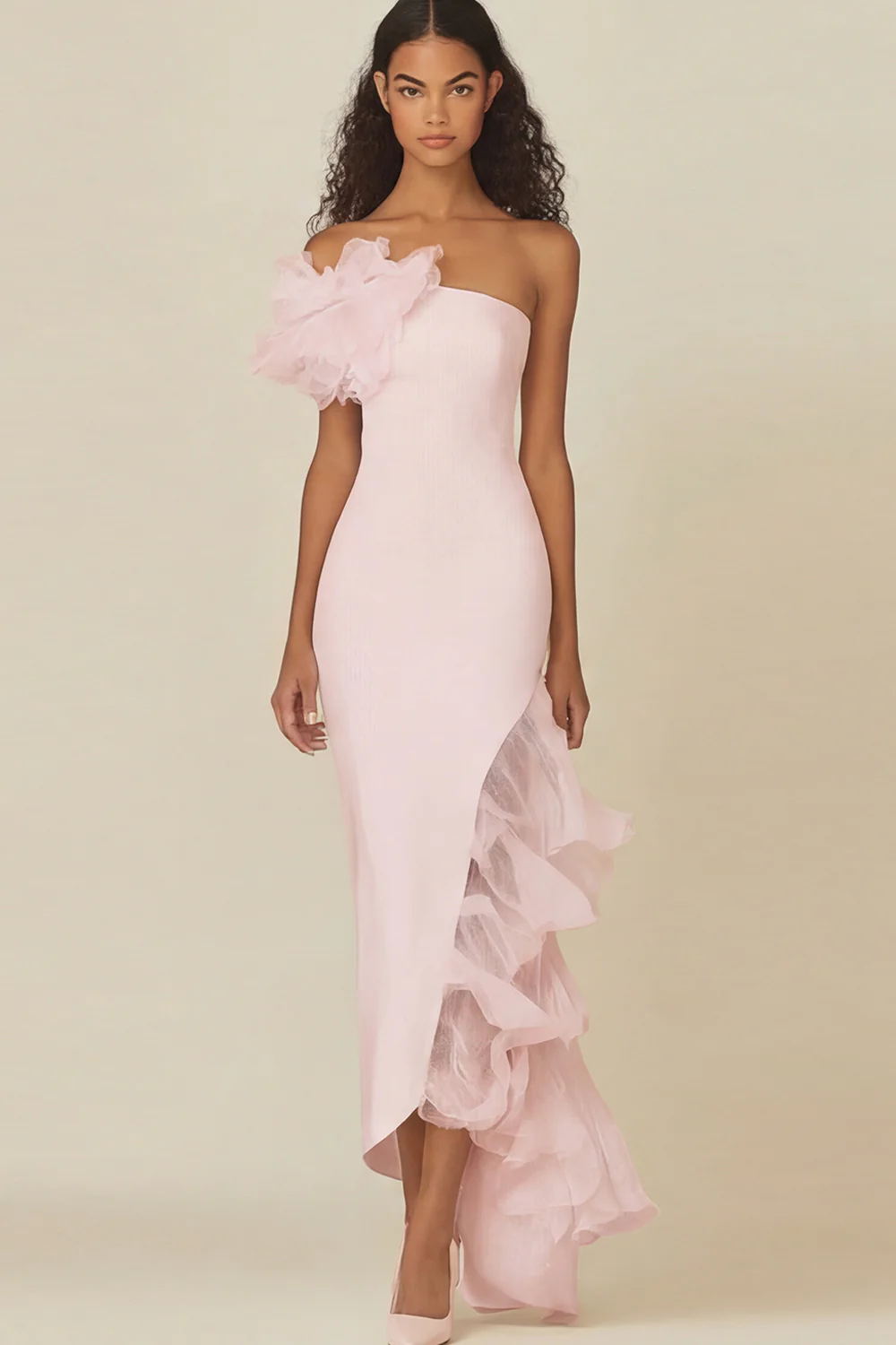 One Shoulder Sheath White Graduation Dress with Ruffles - Image 3