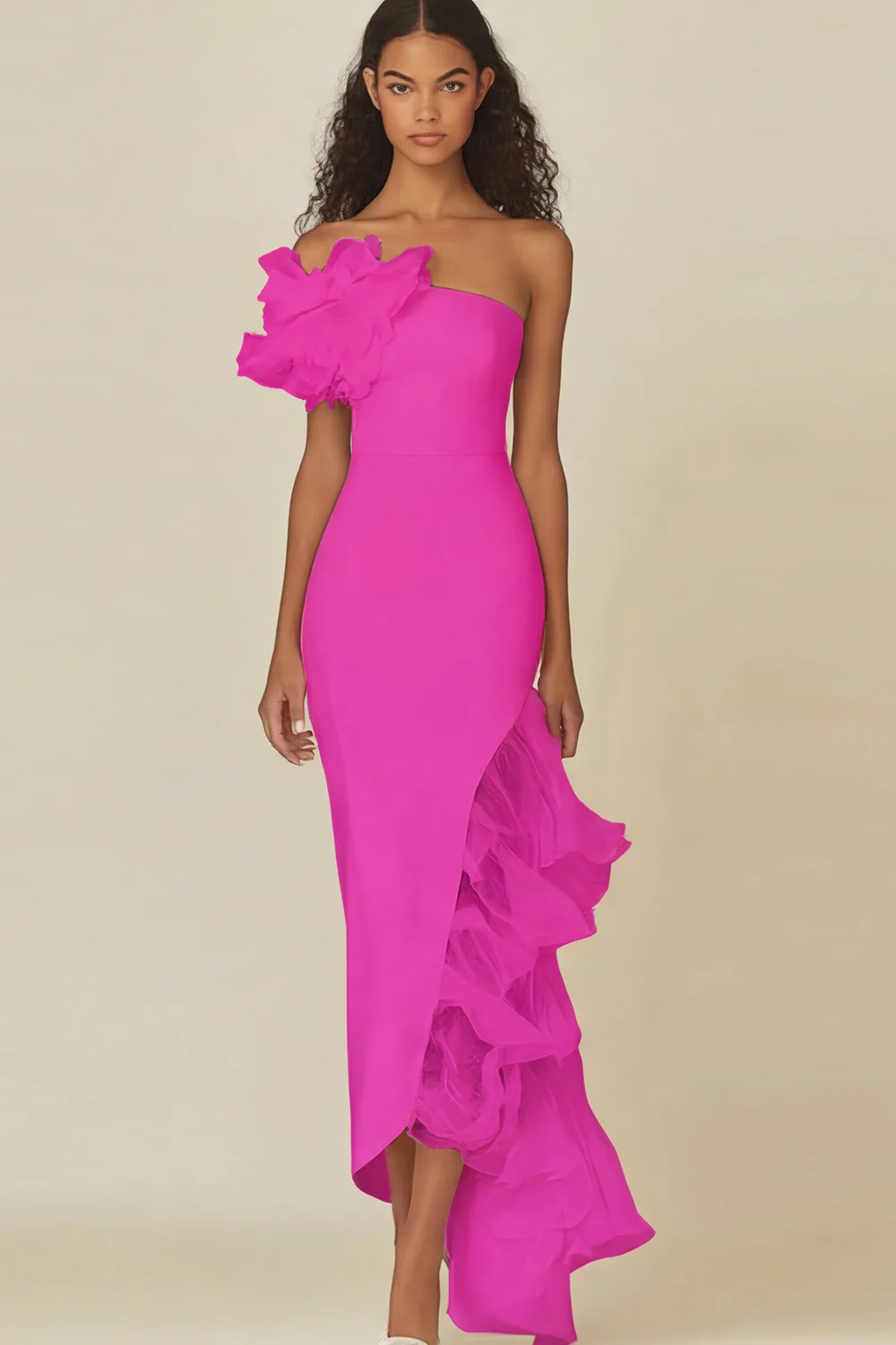 One Shoulder Sheath White Graduation Dress with Ruffles - Image 6