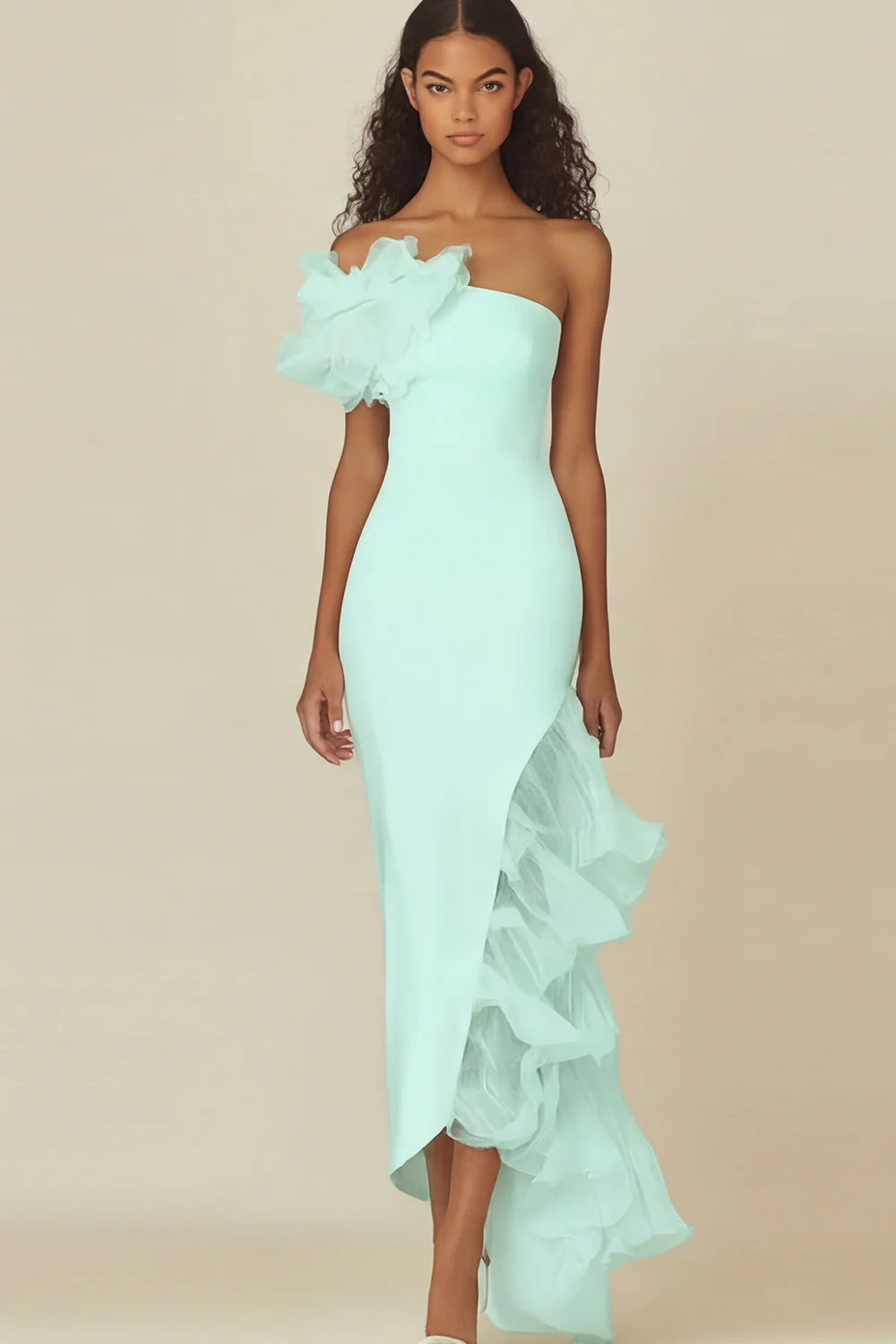 One Shoulder Sheath White Graduation Dress with Ruffles - Image 7