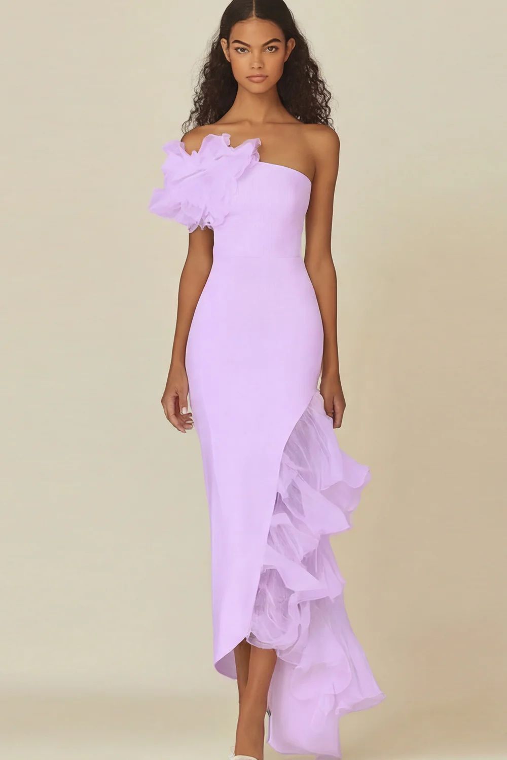 One Shoulder Sheath White Graduation Dress with Ruffles - Image 8