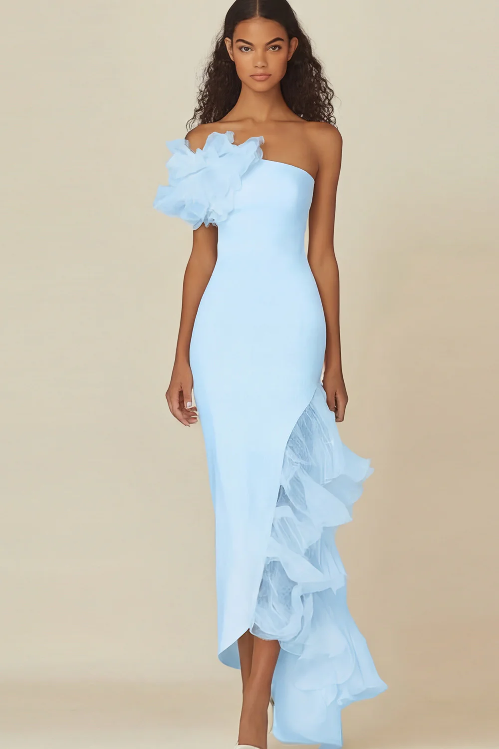 One Shoulder Sheath White Graduation Dress with Ruffles - Image 9