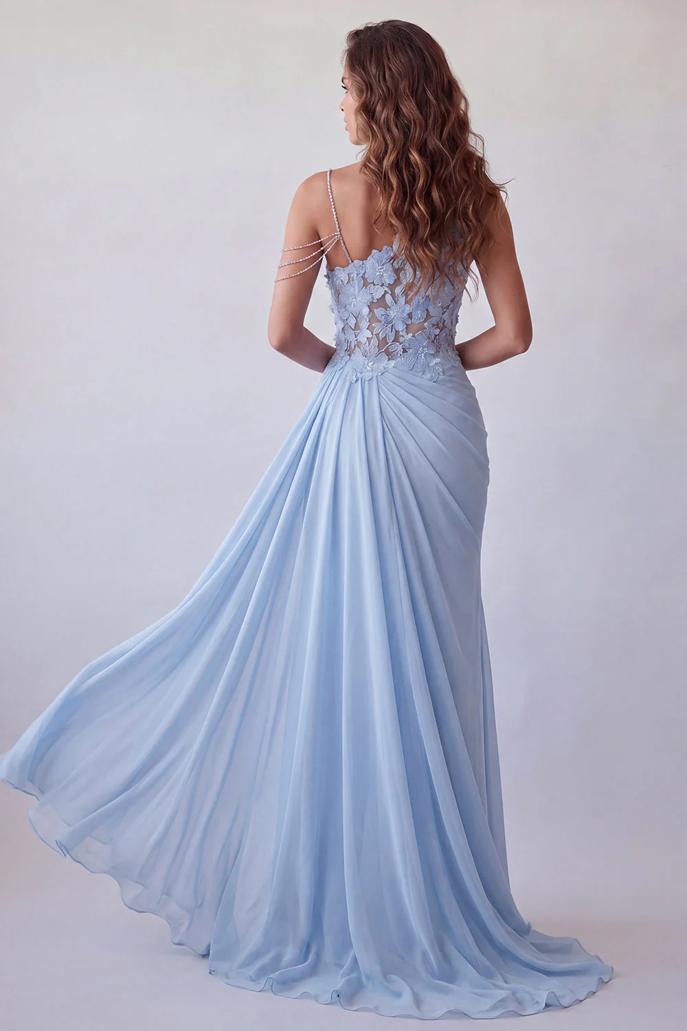 Sky Blue One Shoulder Maxi Chiffon Dress with Appliques - Image 2