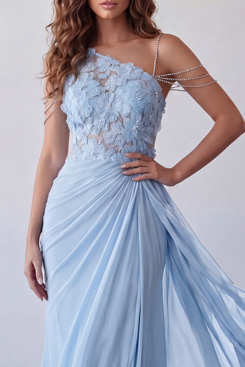 Sky Blue One Shoulder Maxi Chiffon Dress with Appliques - Image 3