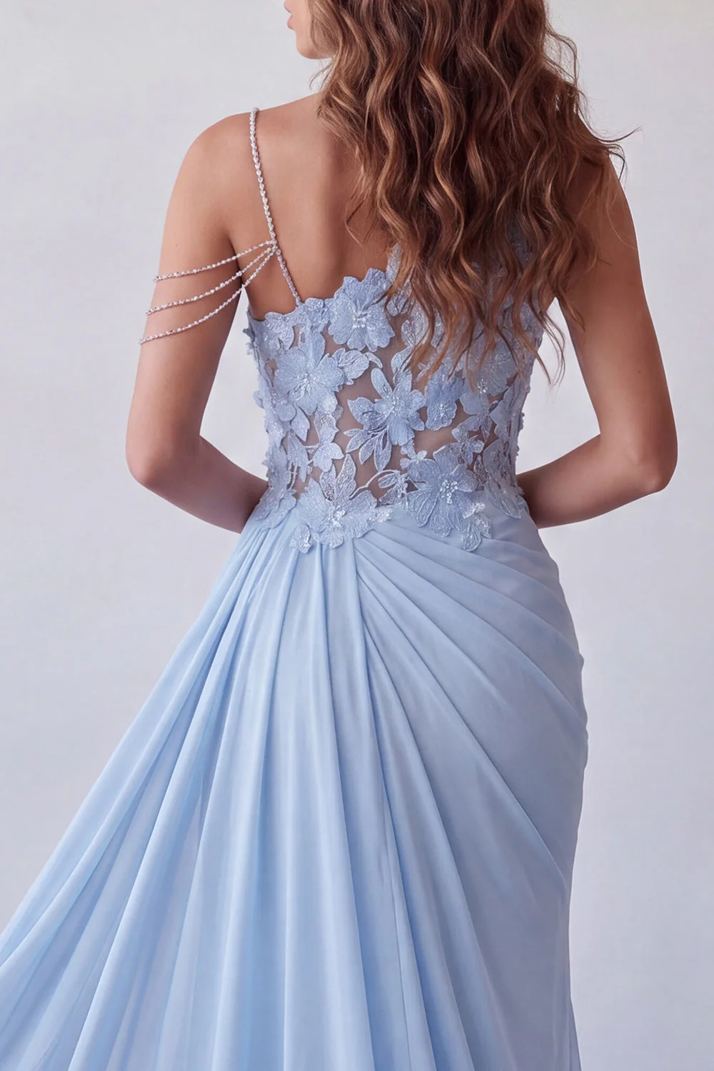 Sky Blue One Shoulder Maxi Chiffon Dress with Appliques - Image 4