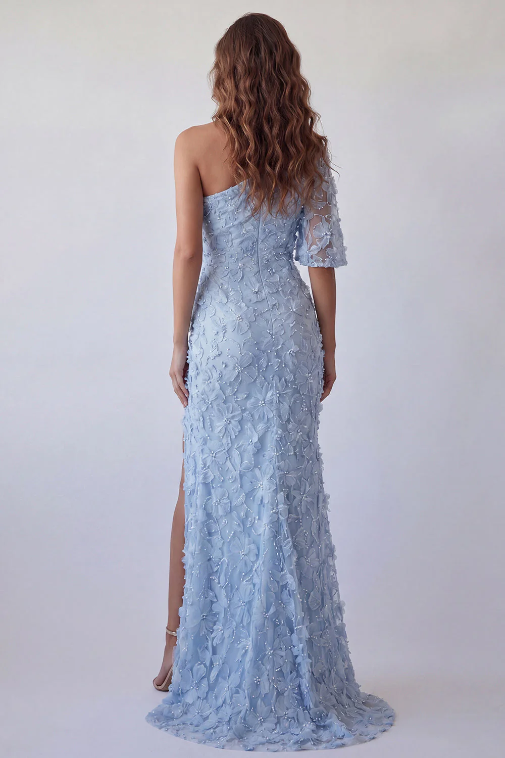 One Shoulder Sky Blue Mermaid Maxi Dress with Slit - Image 2