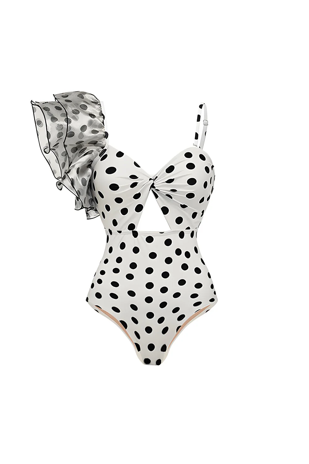 One Shoulder White Black Dot Cut Out 2 Piece Swimsuit with Cover Up - Image 2