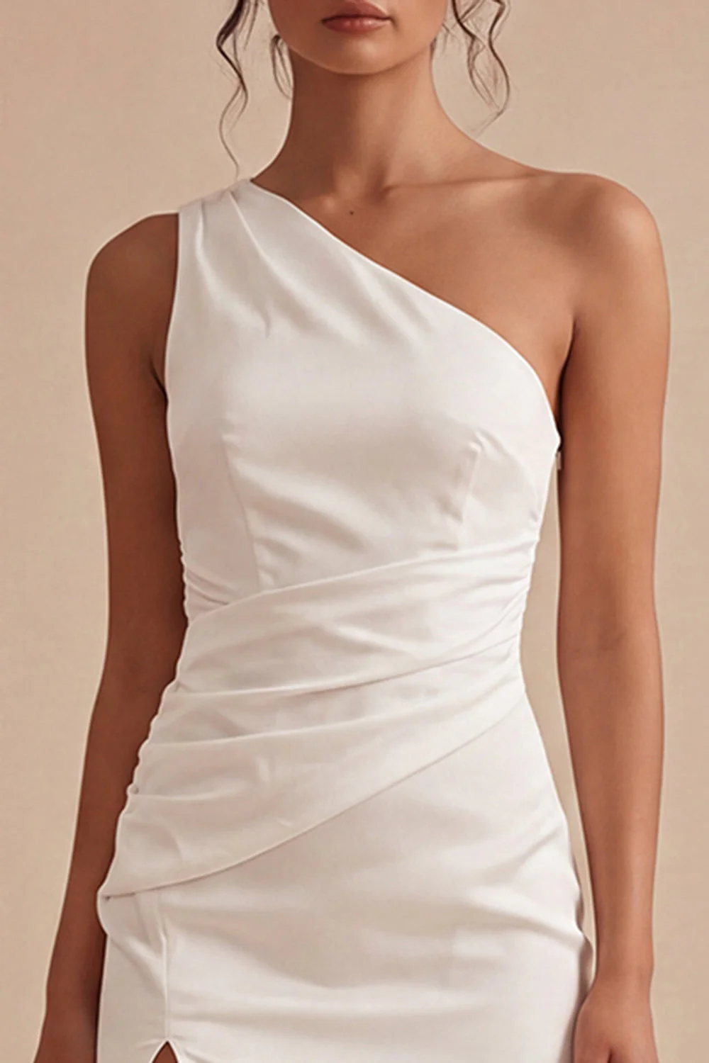 One Shoulder White Bodycon Mini Graduation Dress with Slit - Image 3