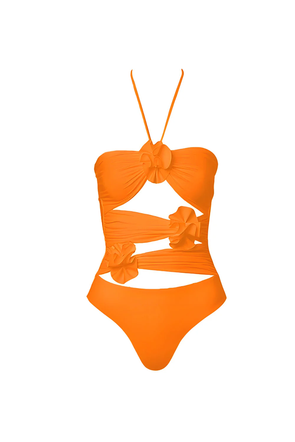 Orange 2 Piece Cut Out 3D Flowers Swimsuit with Beach Dress - Image 2