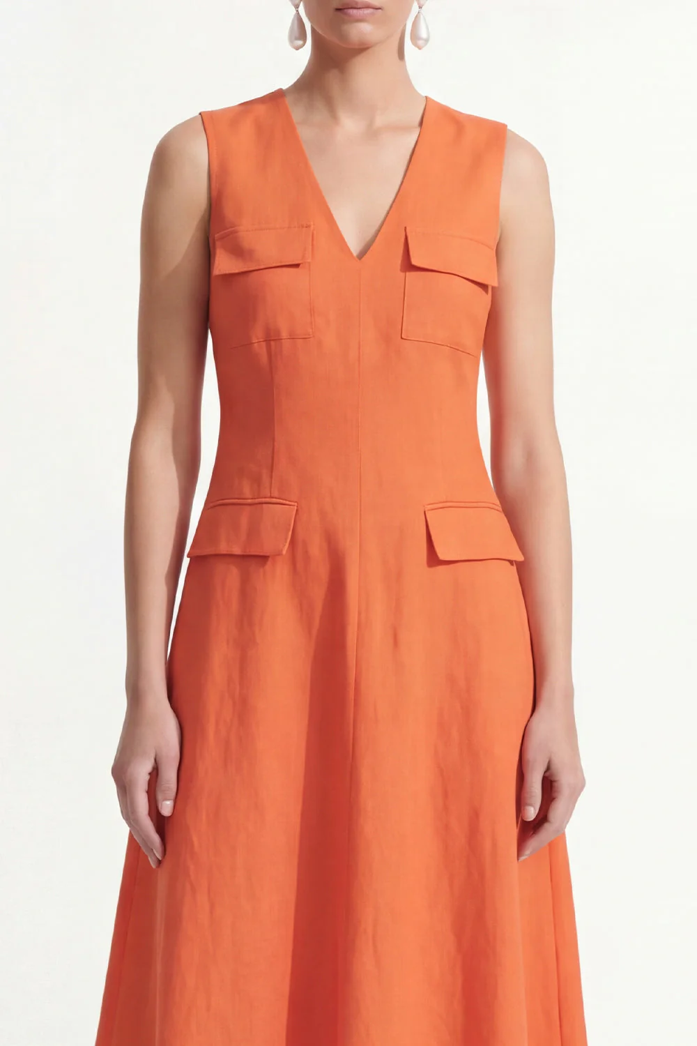 Orange A-Line V-Neck Midi Satin Work Dress - Image 3
