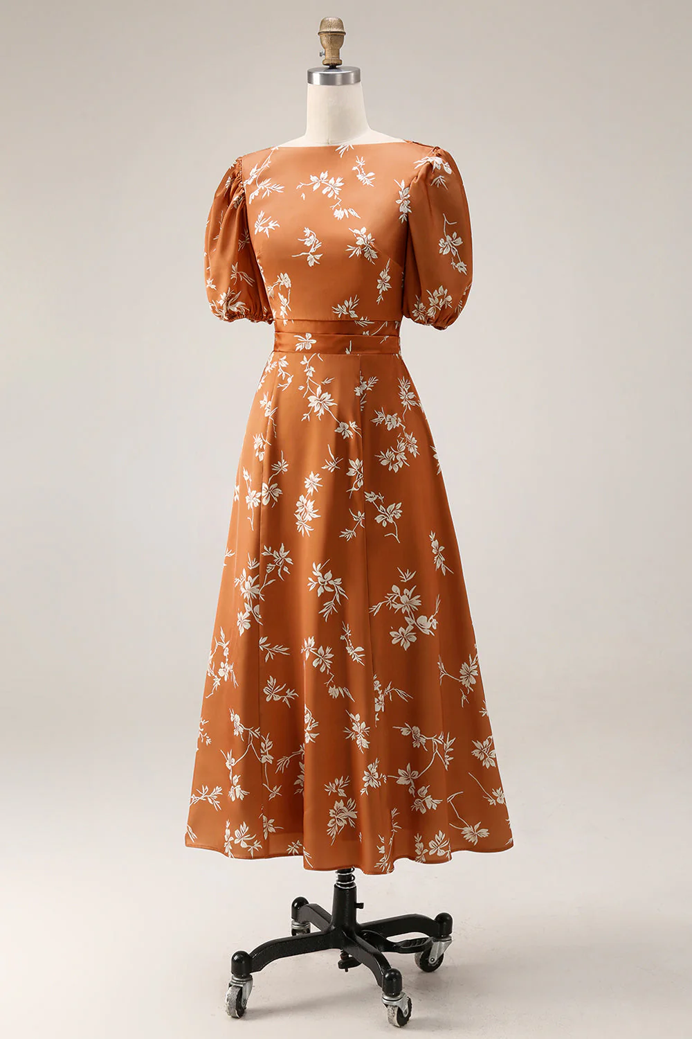 Orange Floral Printed A Line Midi Work Dress with Sleeves - Image 3