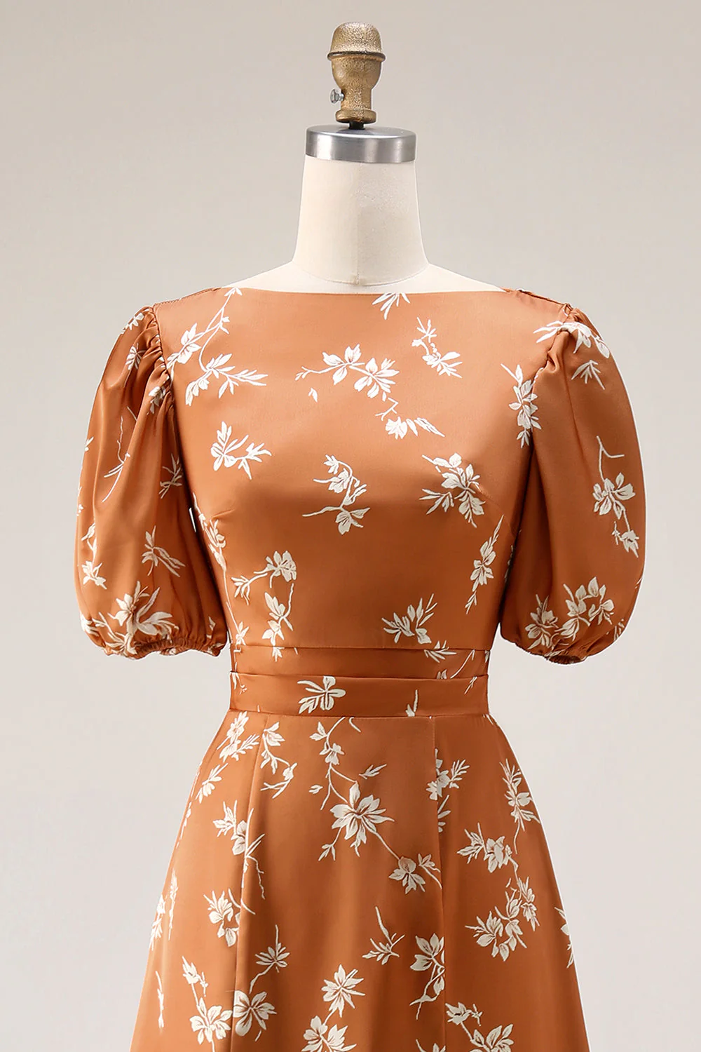 Orange Floral Printed A Line Midi Work Dress with Sleeves - Image 4
