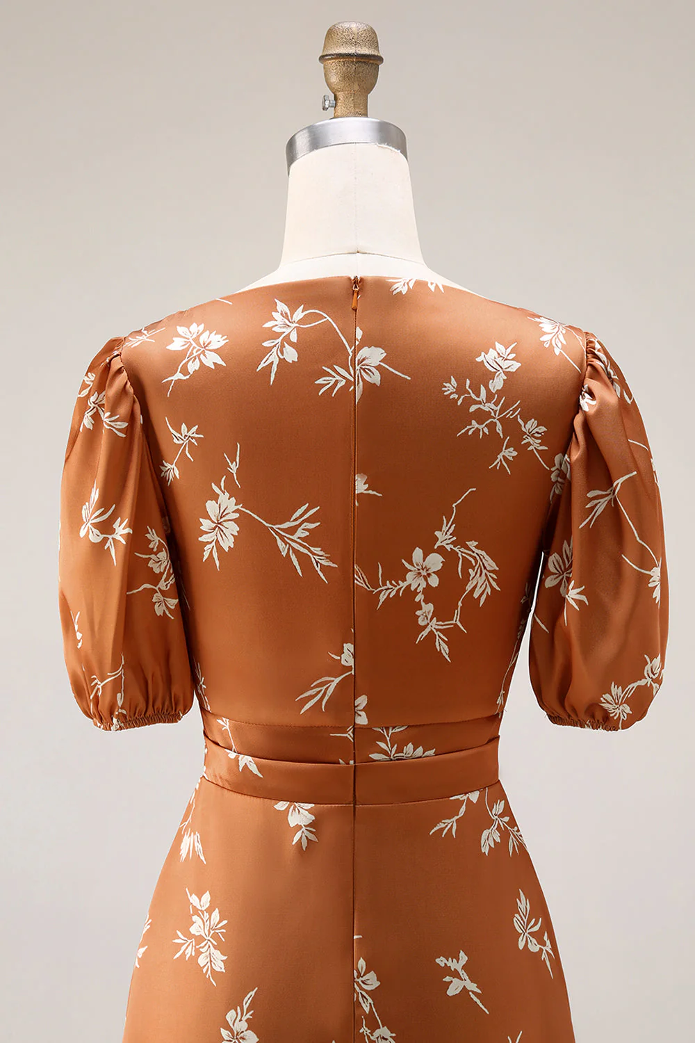 Orange Floral Printed A Line Midi Work Dress with Sleeves - Image 5