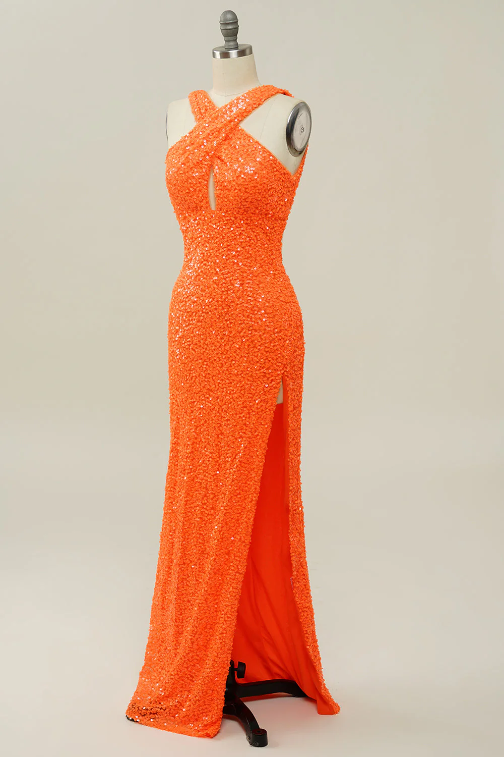 Orange Halter Sequined Backless Mermaid Prom Dress - Image 3