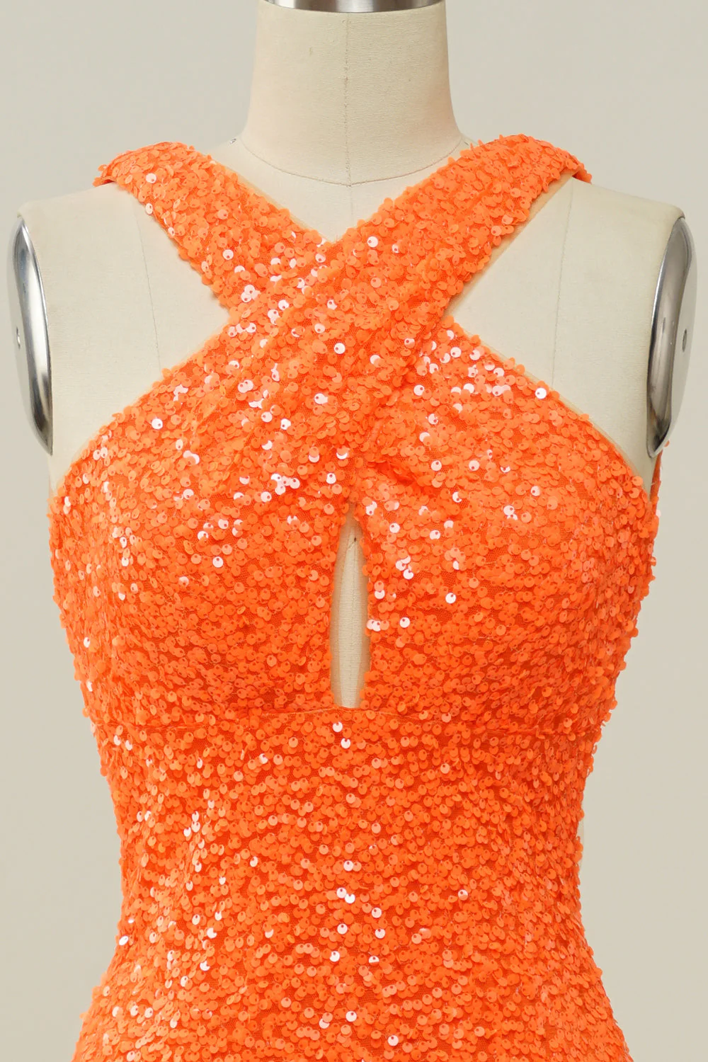 Orange Halter Sequined Backless Mermaid Prom Dress - Image 4