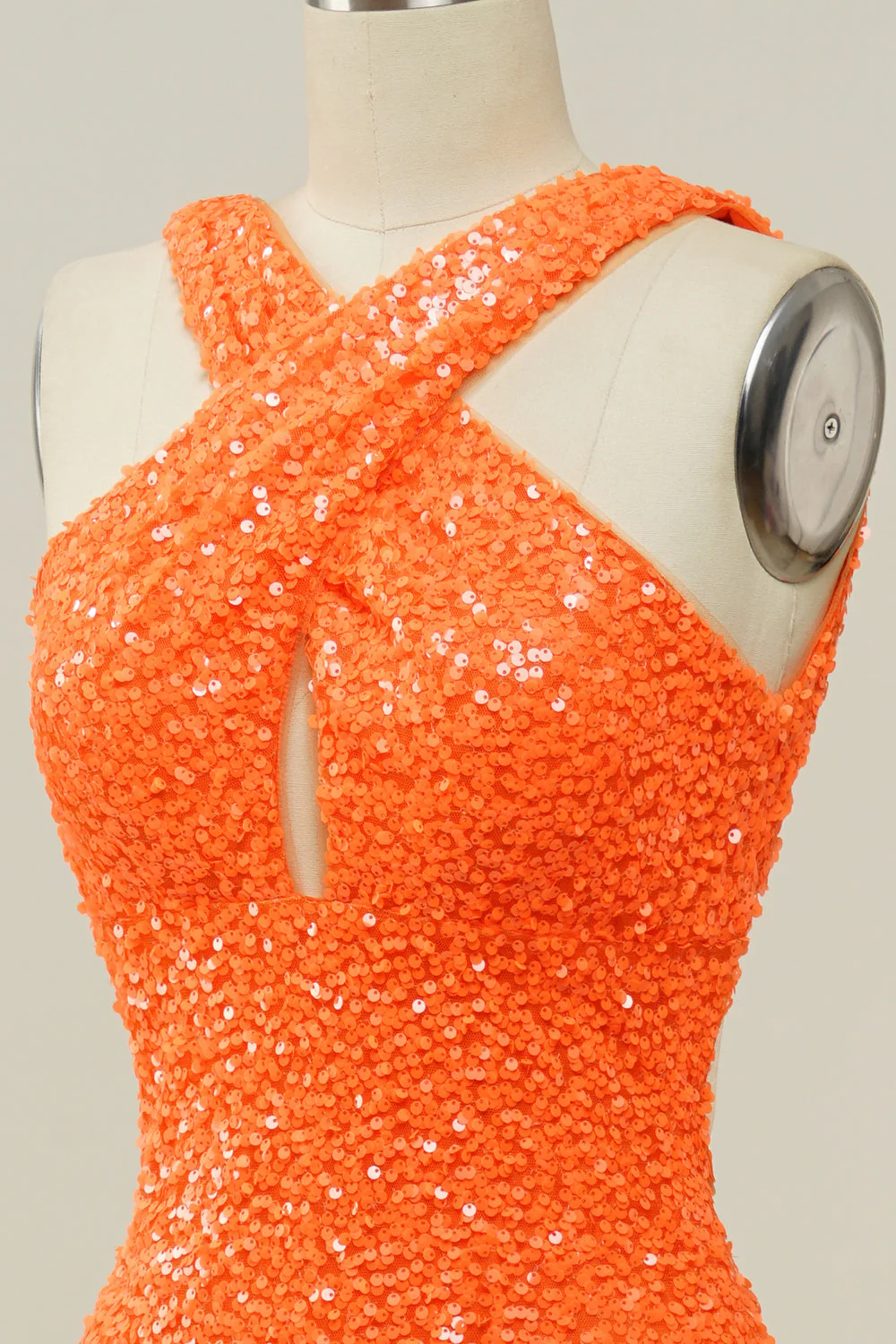 Orange Halter Sequined Backless Mermaid Prom Dress - Image 6