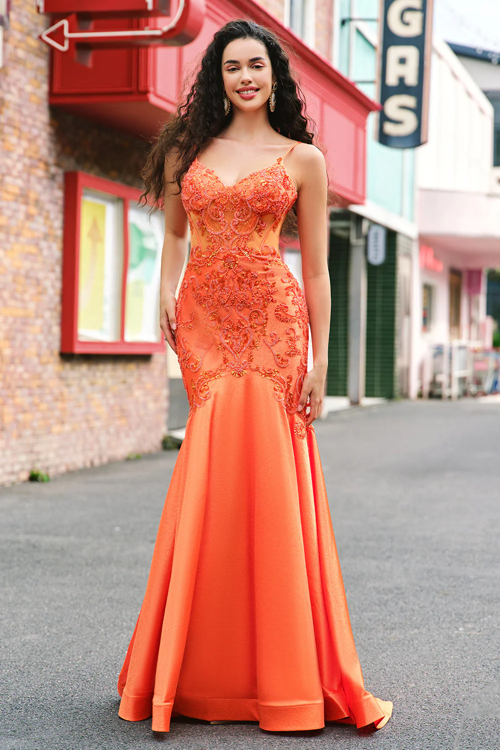 Orange Mermaid Spaghetti Straps Beaded Long Prom Dress - Image 3