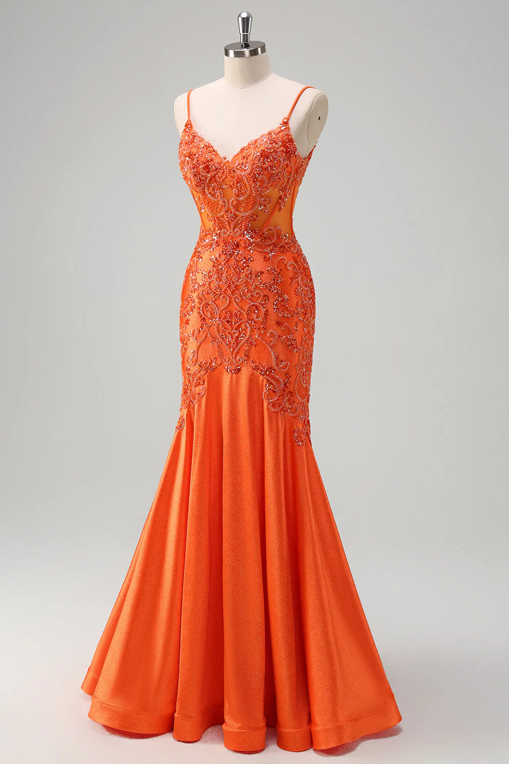 Orange Mermaid Spaghetti Straps Beaded Long Prom Dress - Image 5