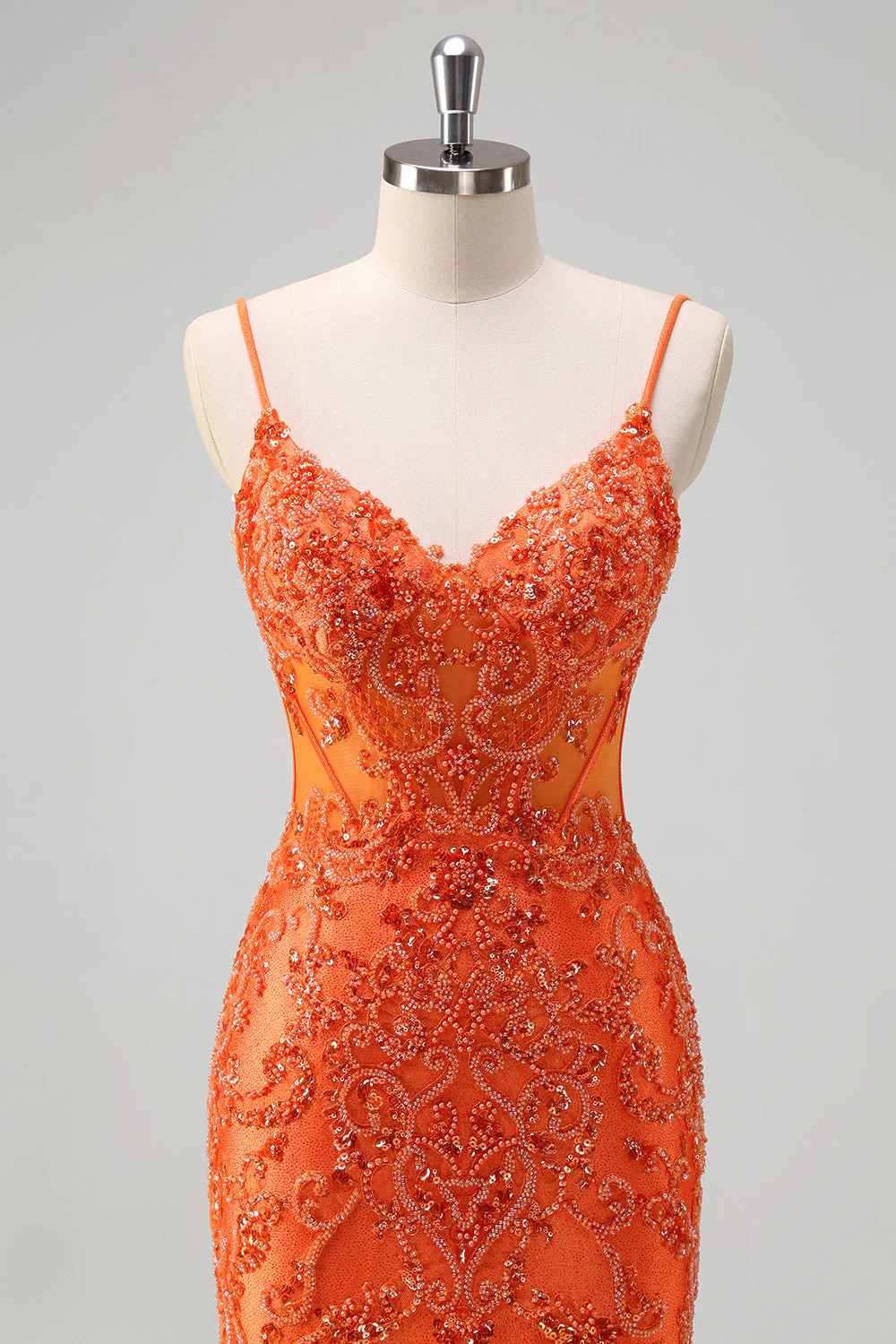 Orange Mermaid Spaghetti Straps Beaded Long Prom Dress - Image 6