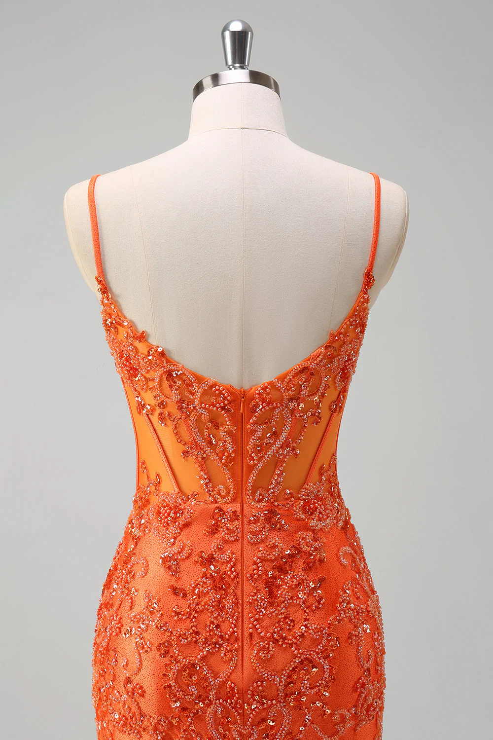 Orange Mermaid Spaghetti Straps Beaded Long Prom Dress - Image 7
