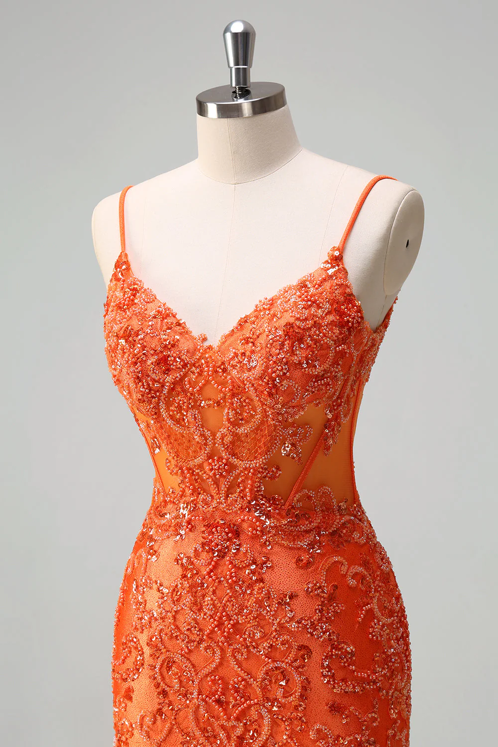 Orange Mermaid Spaghetti Straps Beaded Long Prom Dress - Image 8
