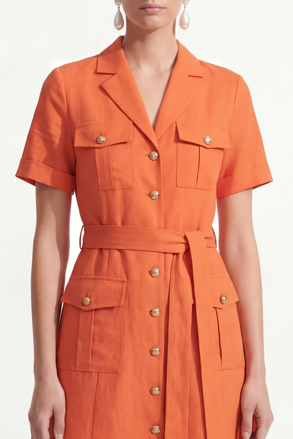Orange Notched Lapel Single Breasted Short Work Dress with Belt - Image 3