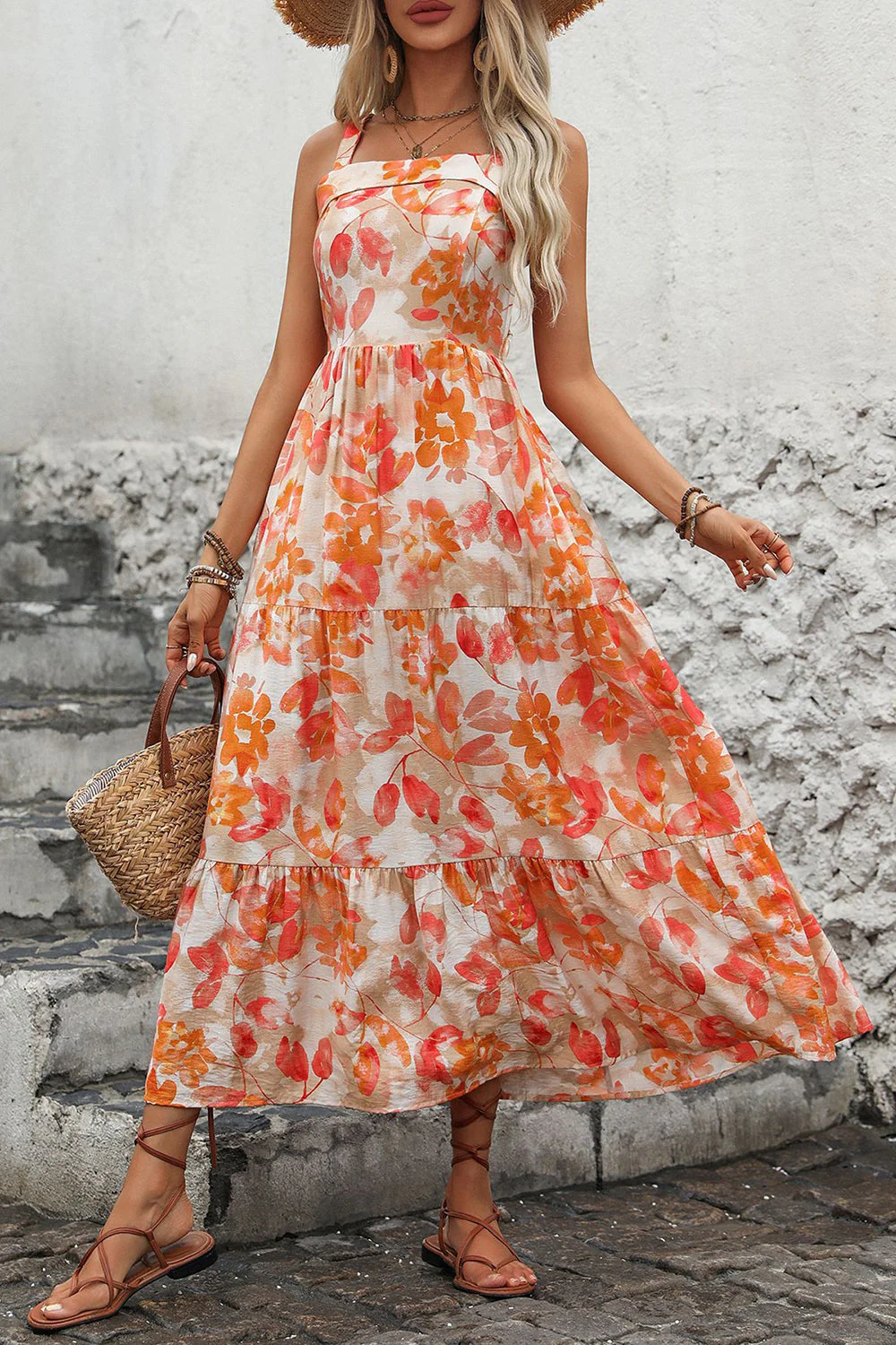 Orange Printed Square Neck Midi Summer Dress - Image 3